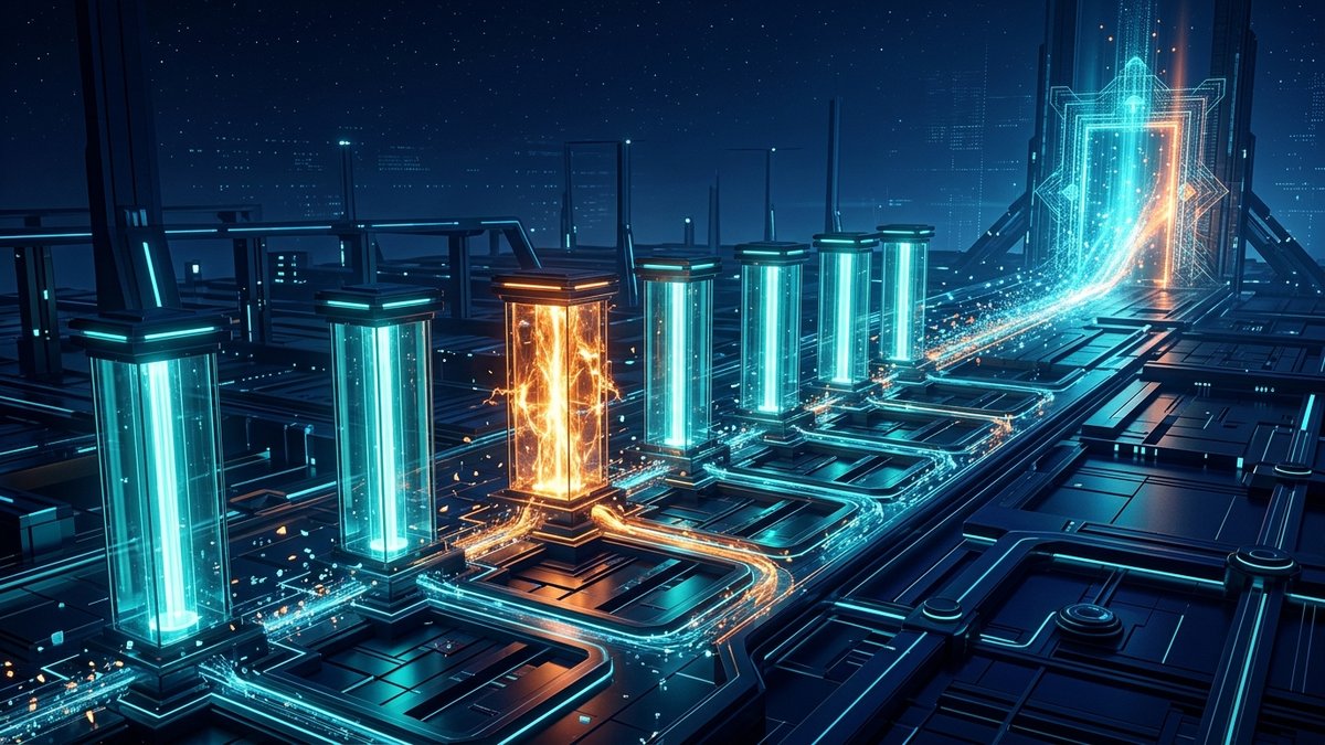 Email deliverability infrastructure shown as glowing sending inboxes with one overloaded inbox and light streams reaching a filtering gateway