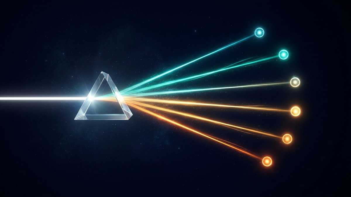 A single beam of light refracting through a prism into six separate beams, representing one buyer prompt fanning out into multiple grounding queries