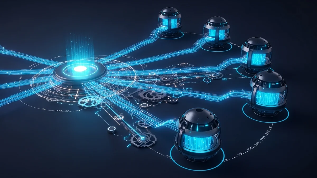 AI automation flows showing a central intelligence core sending five glowing data streams to automated processing spheres, representing five GTM tasks now handled by AI agents