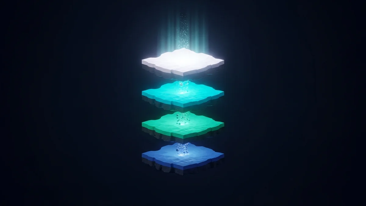 Four luminous strata stacked vertically in dark space with data particles flowing upward between each layer, representing the four components of a modern GTM system