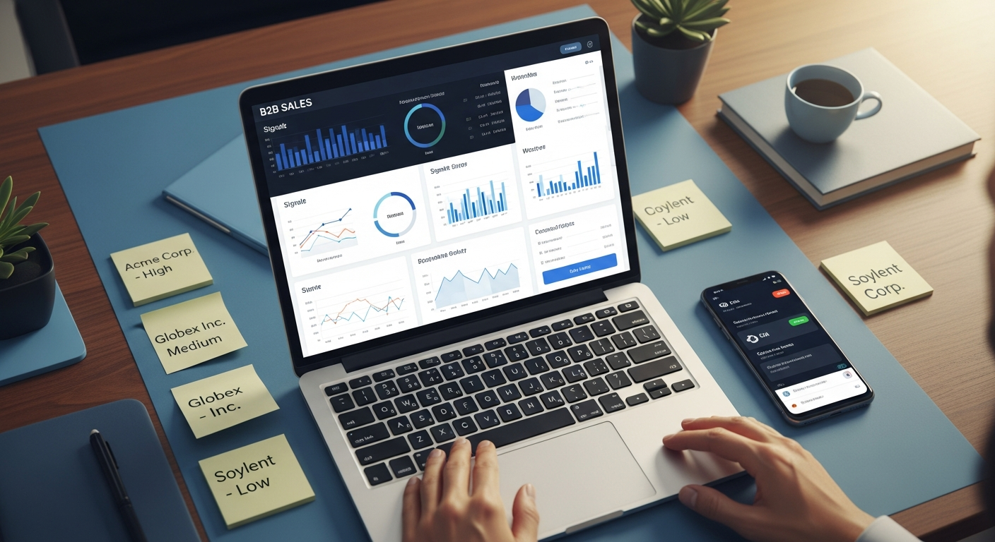 B2B sales professional's desk with laptop showing intent data signal dashboard and CRM notifications
