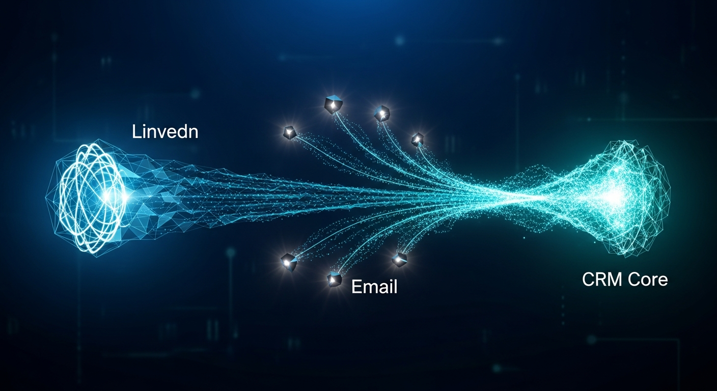 Multichannel outbound sequence showing two coordinated streams — LinkedIn and email — flowing from a single Clay data source into HubSpot