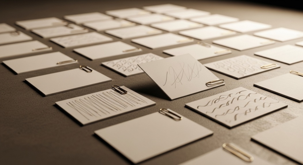 Rows of organized data cards on a matte concrete desk, shallow depth of field, warm studio lighting