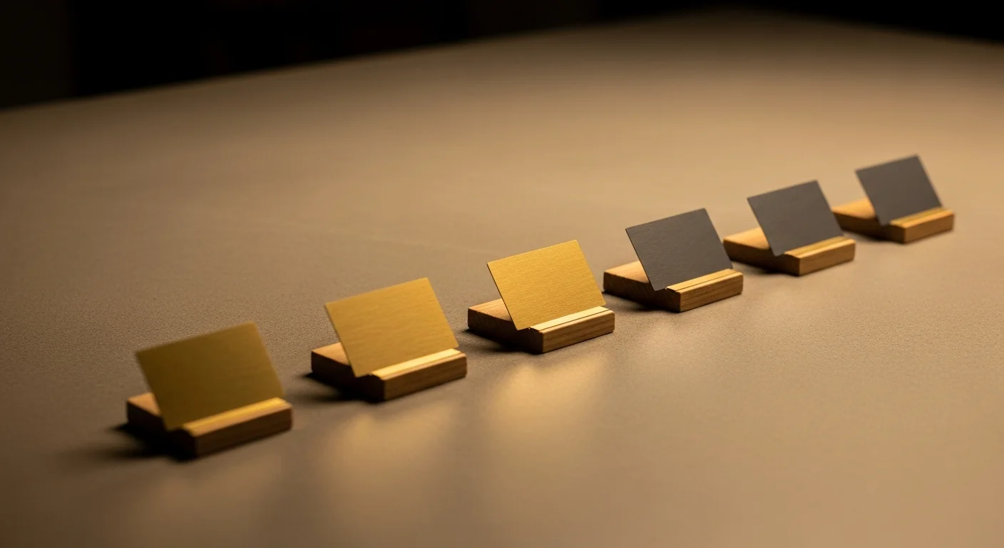 Clay workflow diagram: organized rows of enrichment cards across a warm concrete tabletop, shallow depth of field, studio overhead lighting, no screens visible
